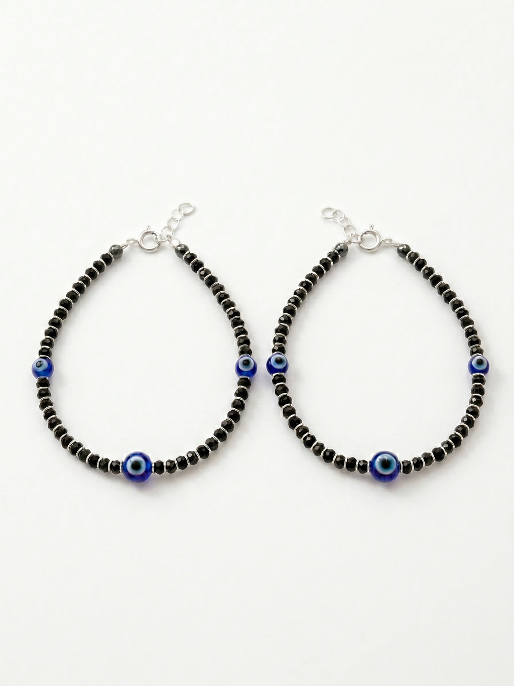Triple Evil Eye Black Crystal Bead Bracelet Set of Two