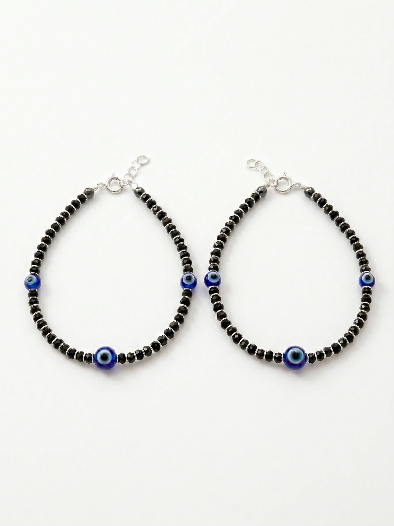 Triple Evil Eye Black Crystal Bead Bracelet Set of Two