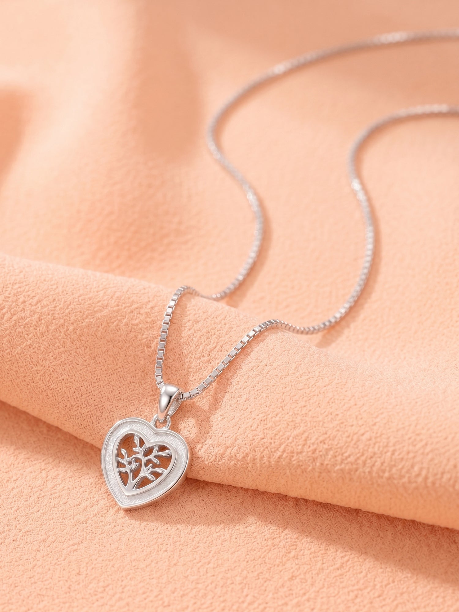 Silver Shimmering Tree of Life Heart Pendant Necklace