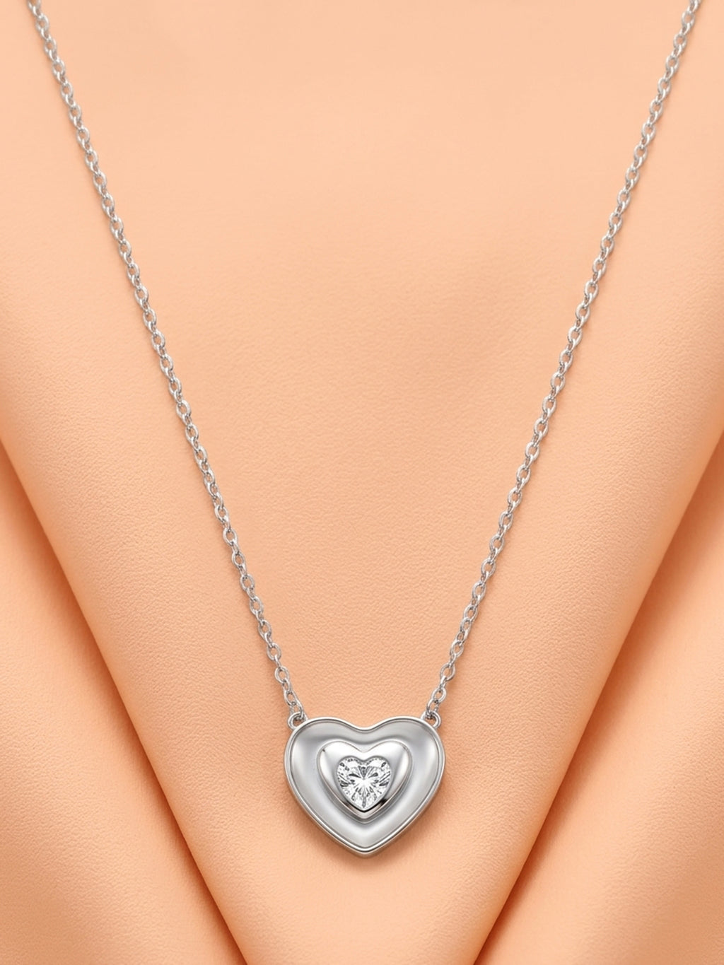 Silver Shimmering Nested Heart Pendant Necklace