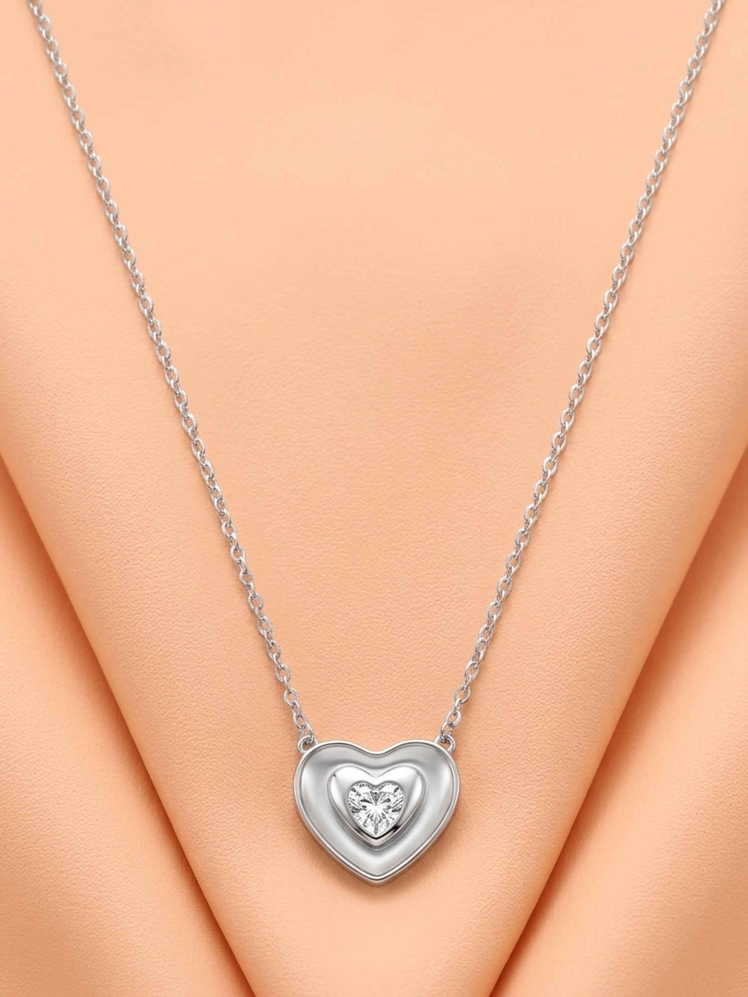 Silver Shimmering Nested Heart Pendant Necklace