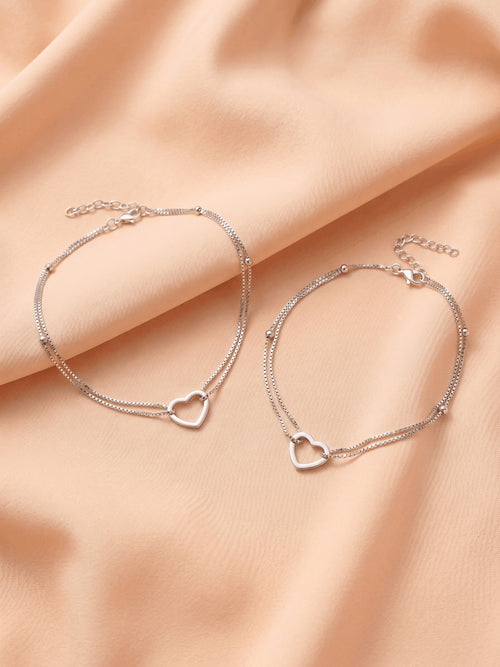 Double Layer Heart Charm Anklet Set of 2