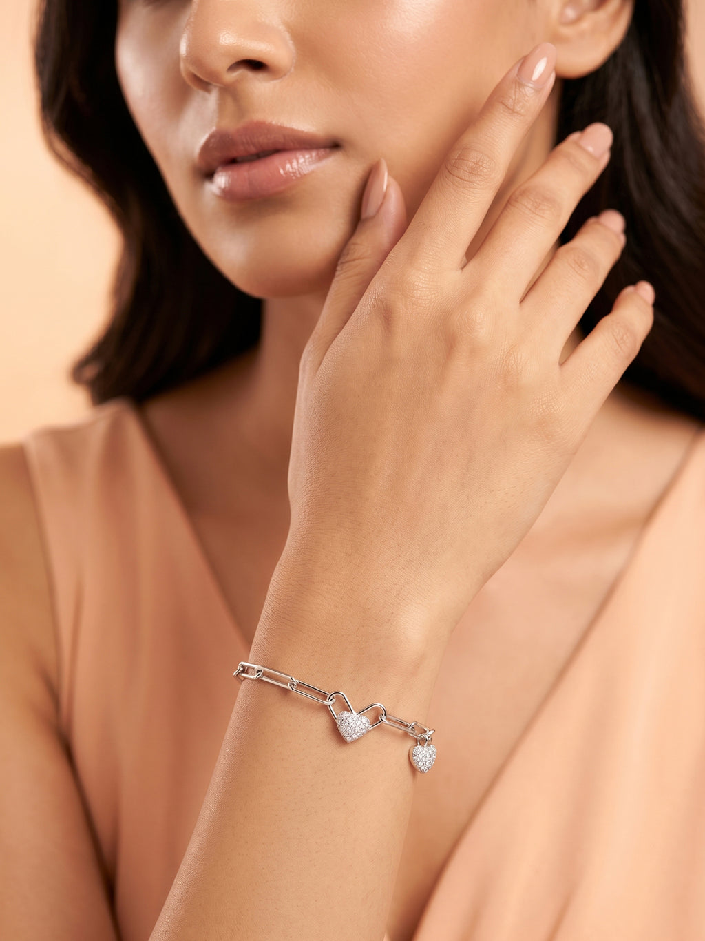 Pavé Double Heart Charm Paper Clip Chain Bracelet