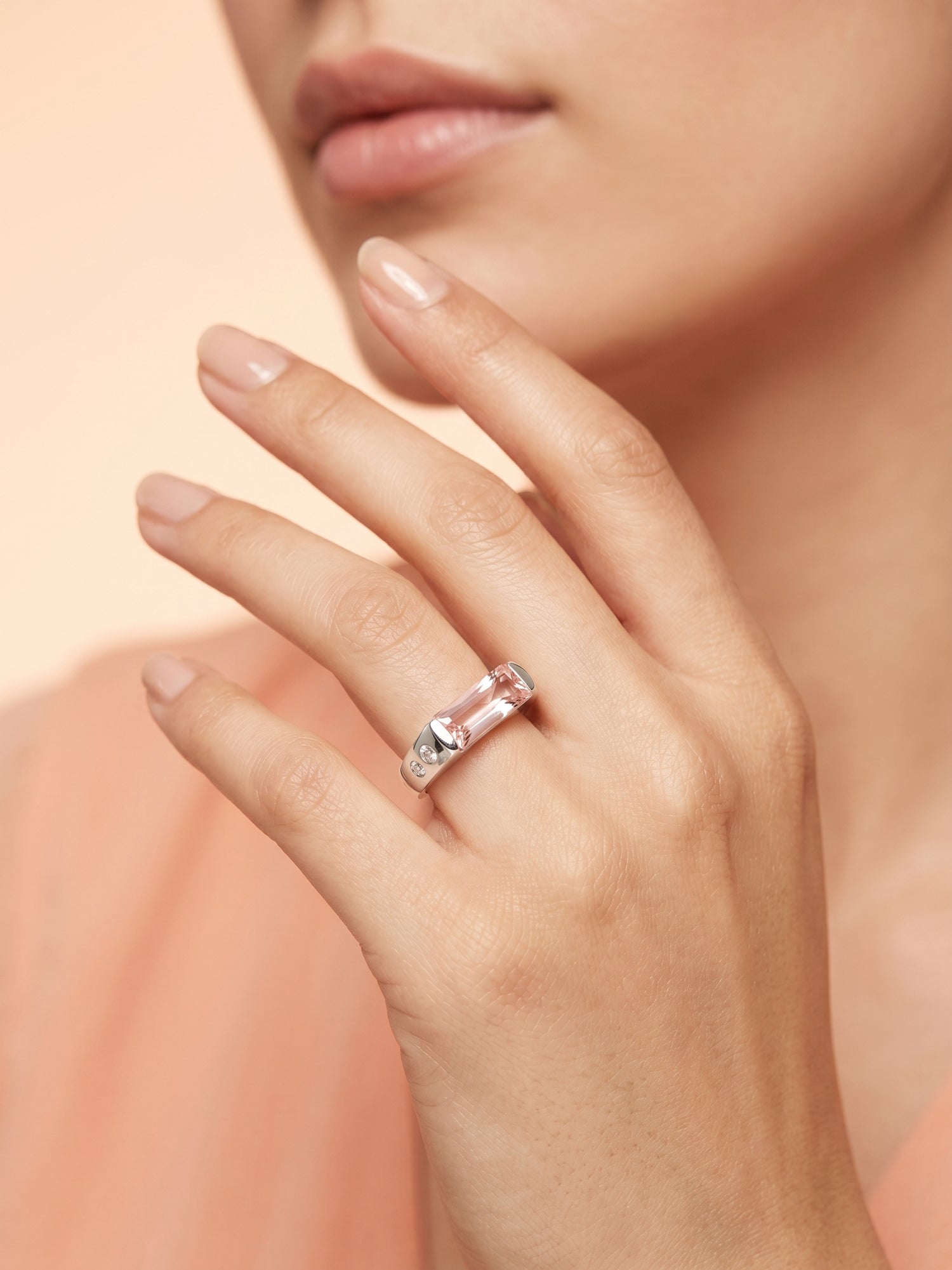 Pink Baguette Signet Ring with Side Stone Detail