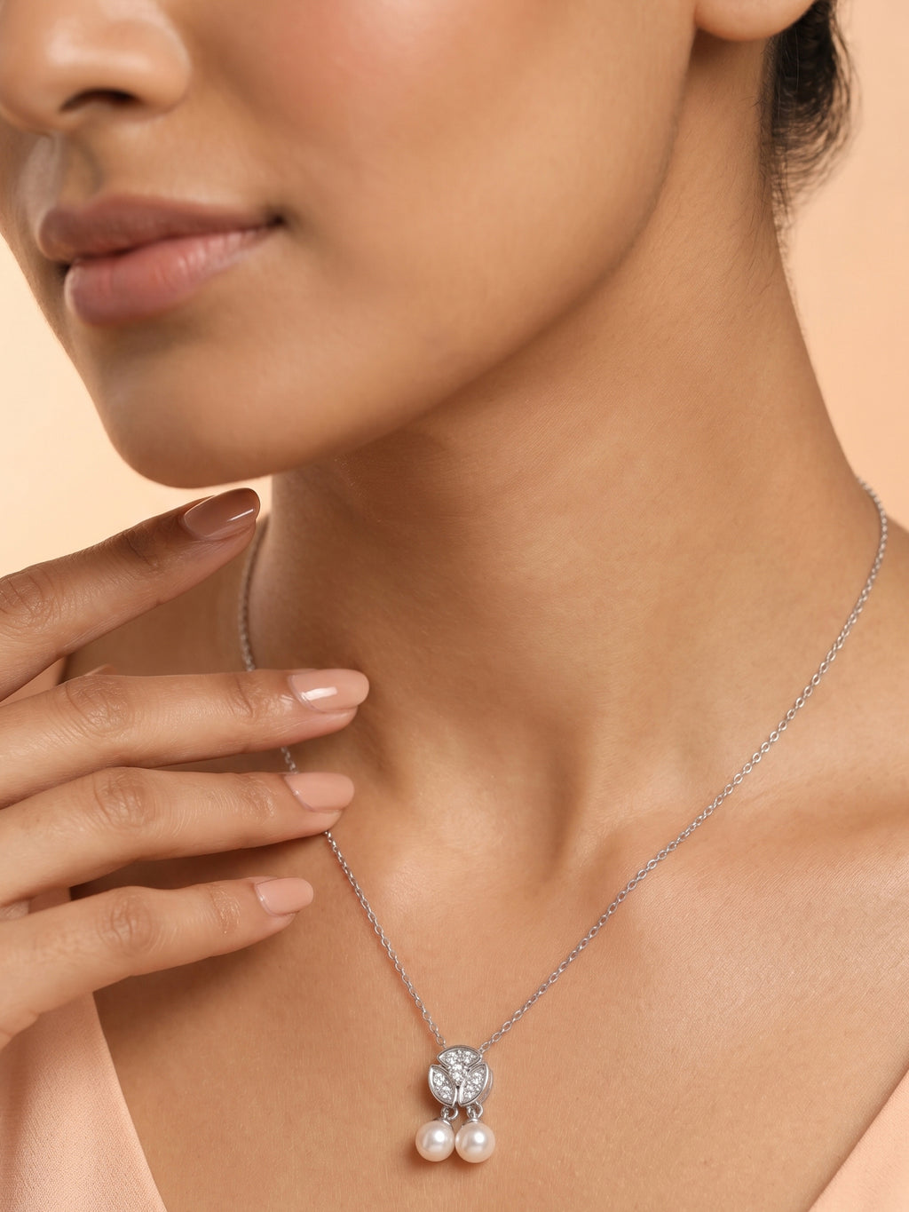 Pavé CZ Trefoil & Freshwater Pearl Double Drop Necklace