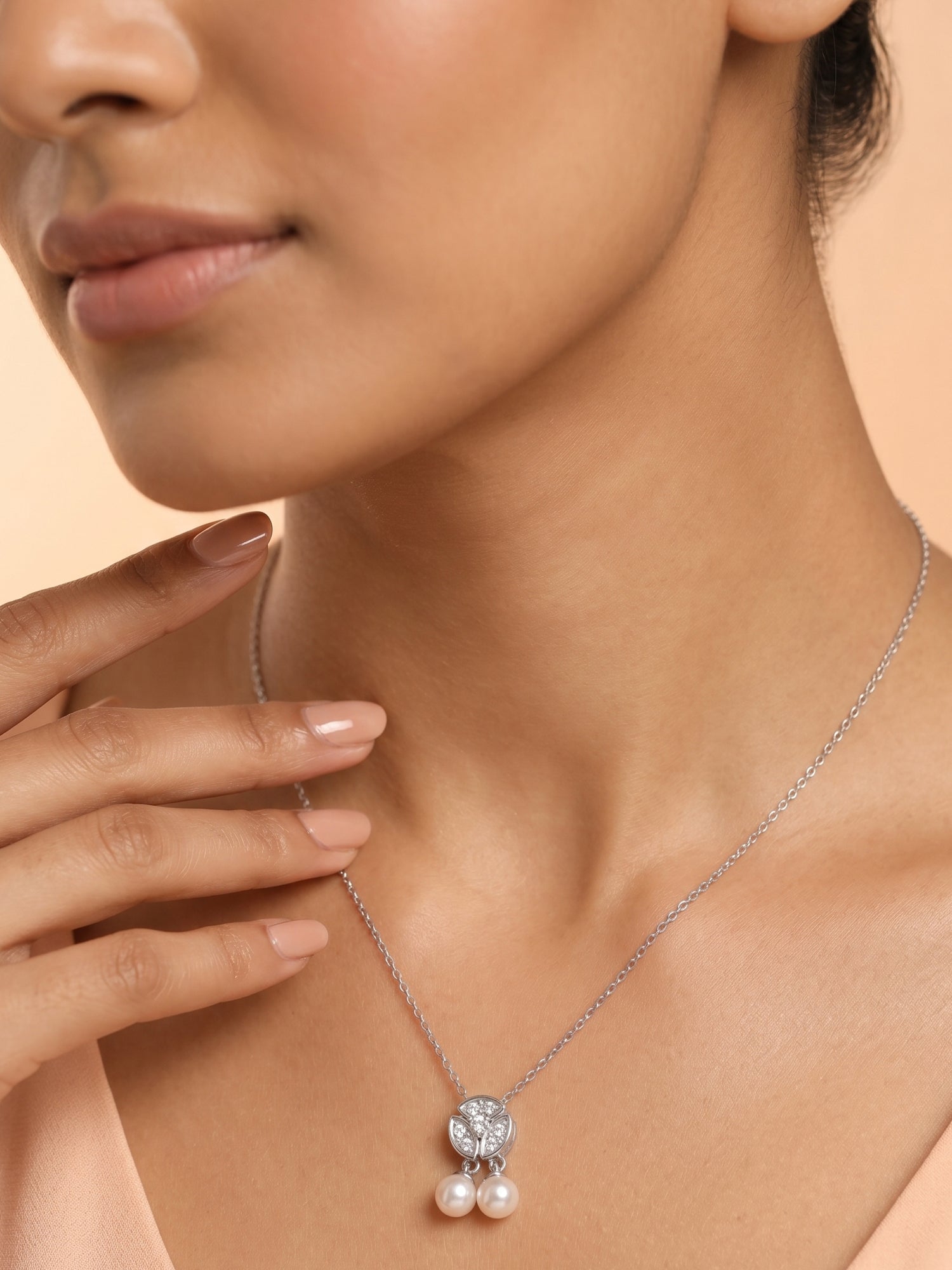 Pavé CZ Trefoil & Freshwater Pearl Double Drop Necklace