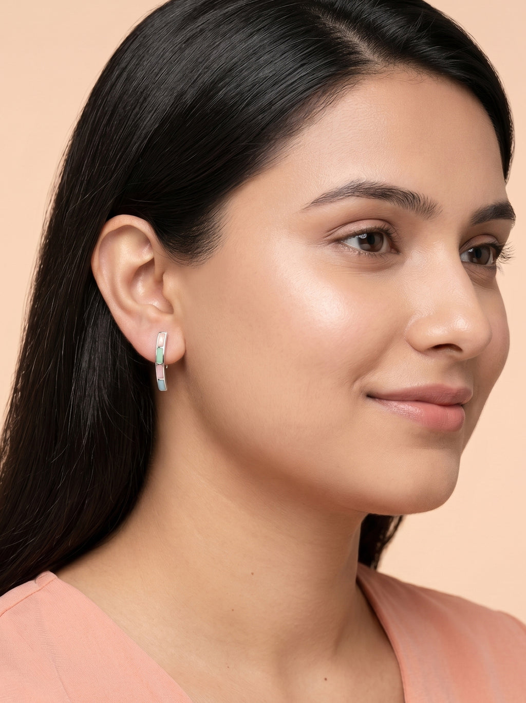 Pastel Color Block Inlay Open Hoop Studs