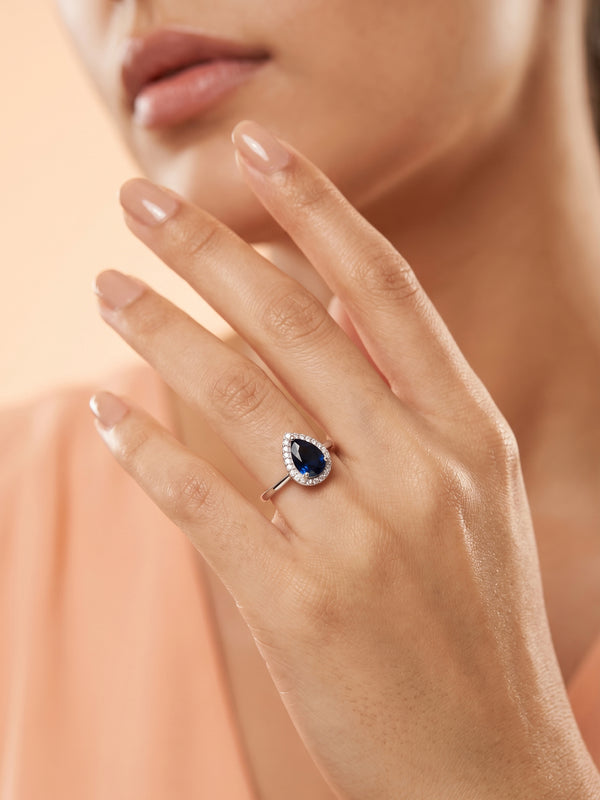 Blue Pear Cut Halo Ring