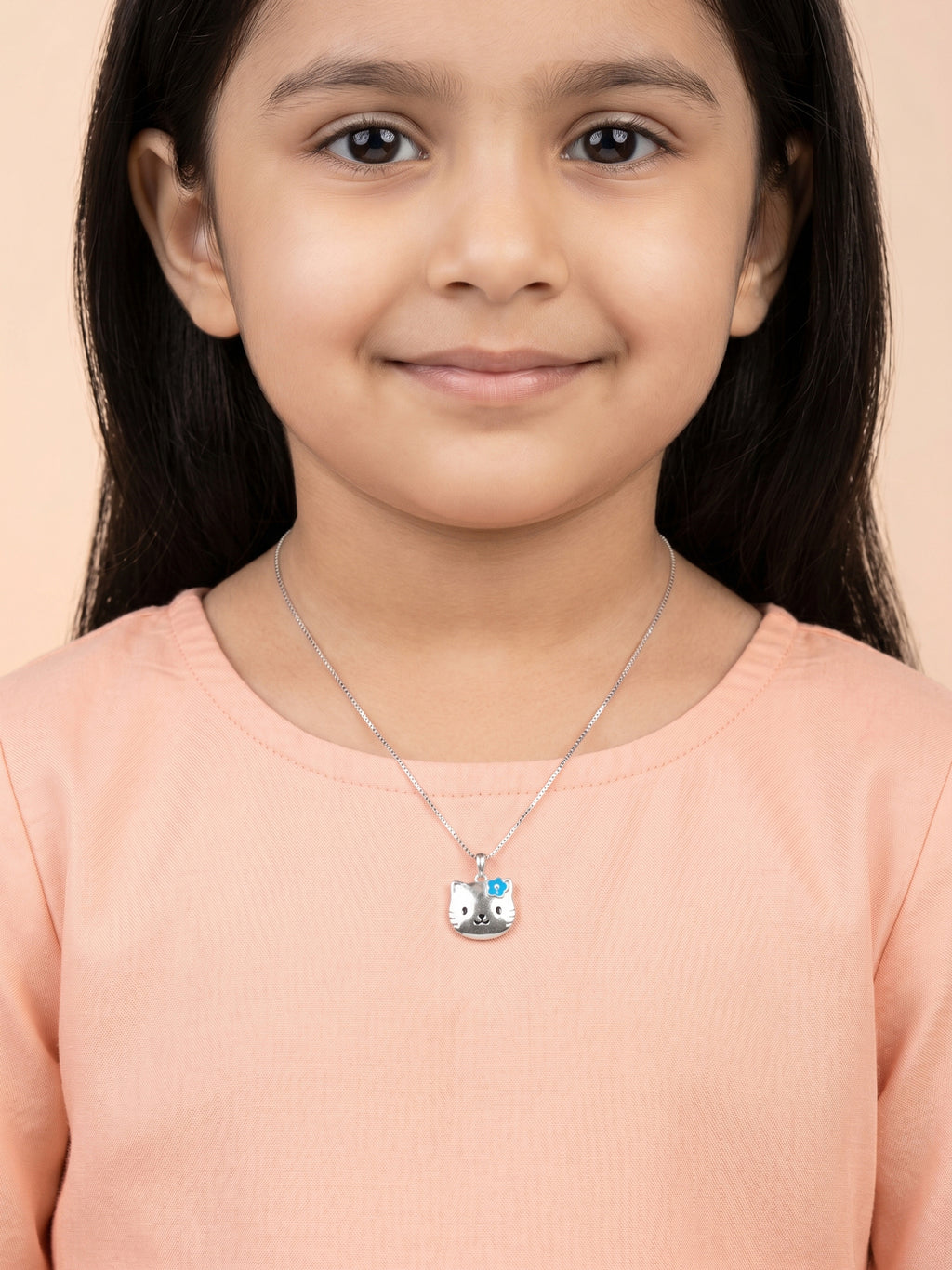 Kids Blue Flower Kitty Face Pendant