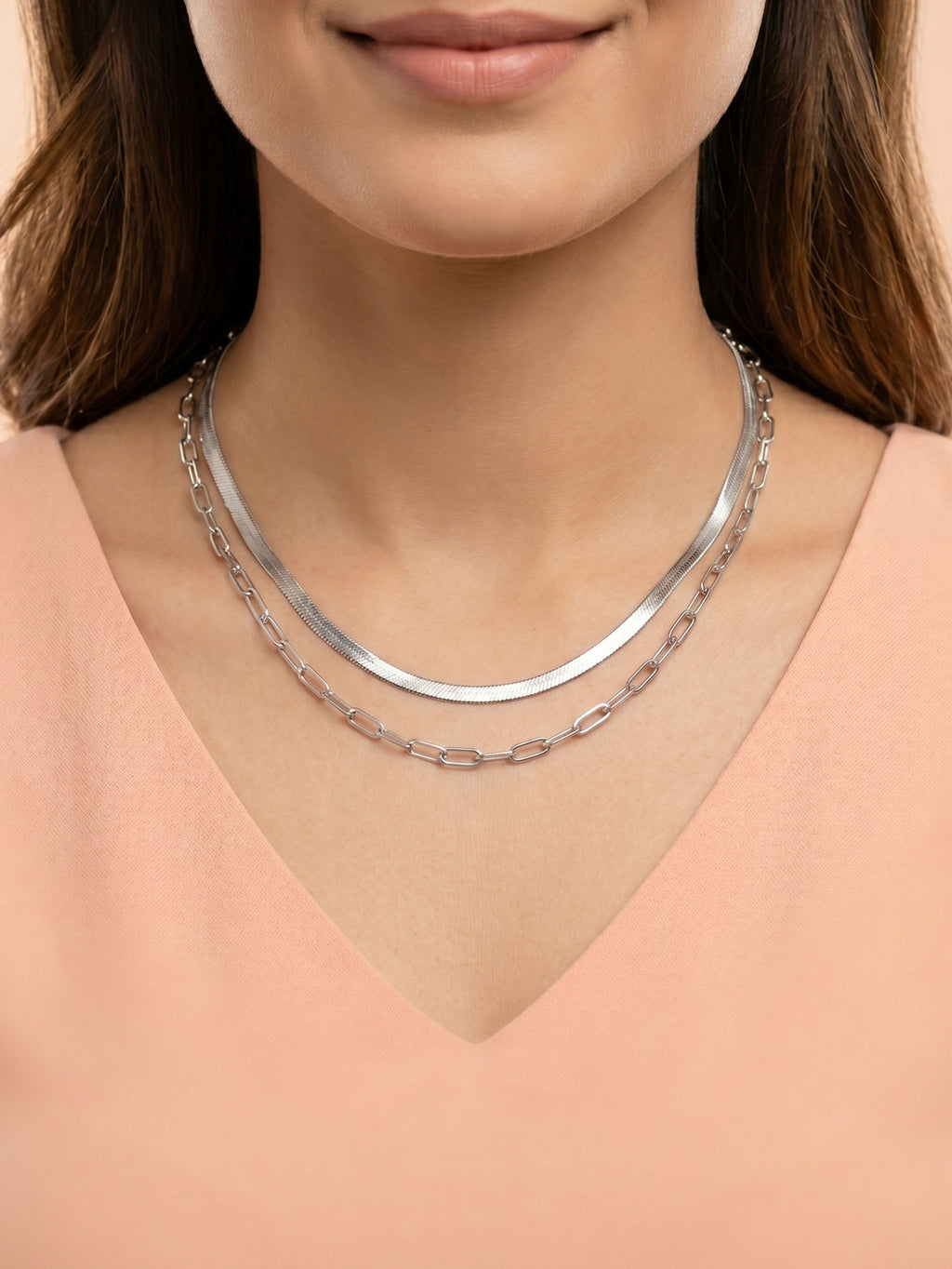Herringbone & Paperclip Double Layer Chain Necklace in Silver