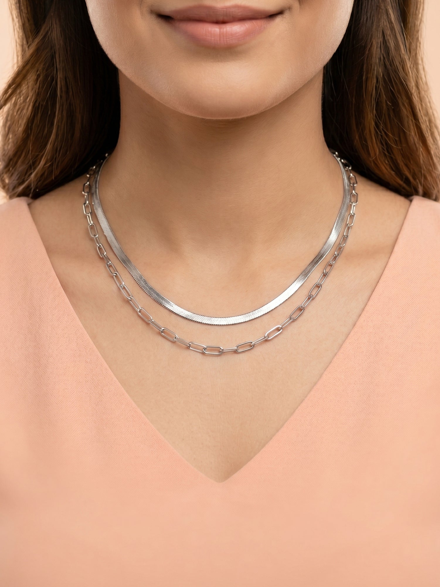 Herringbone & Paperclip Double Layer Chain Necklace in Silver