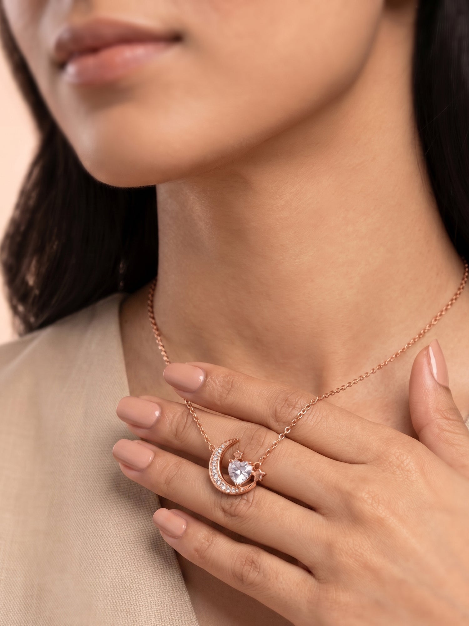 Roseate Shimmering Crescent & Heart Pendant Necklace