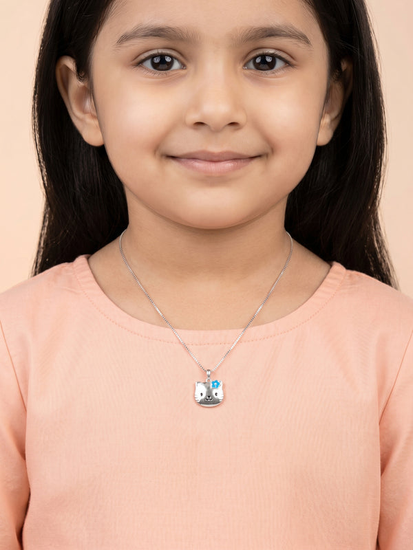 Blue Flower Kitty Face Pendant Necklace for Kids