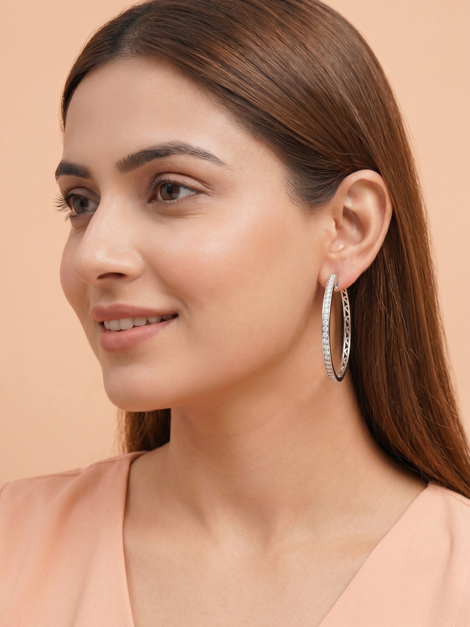 Pavé Cubic Zirconia Elongated Oval Hoop Earrings