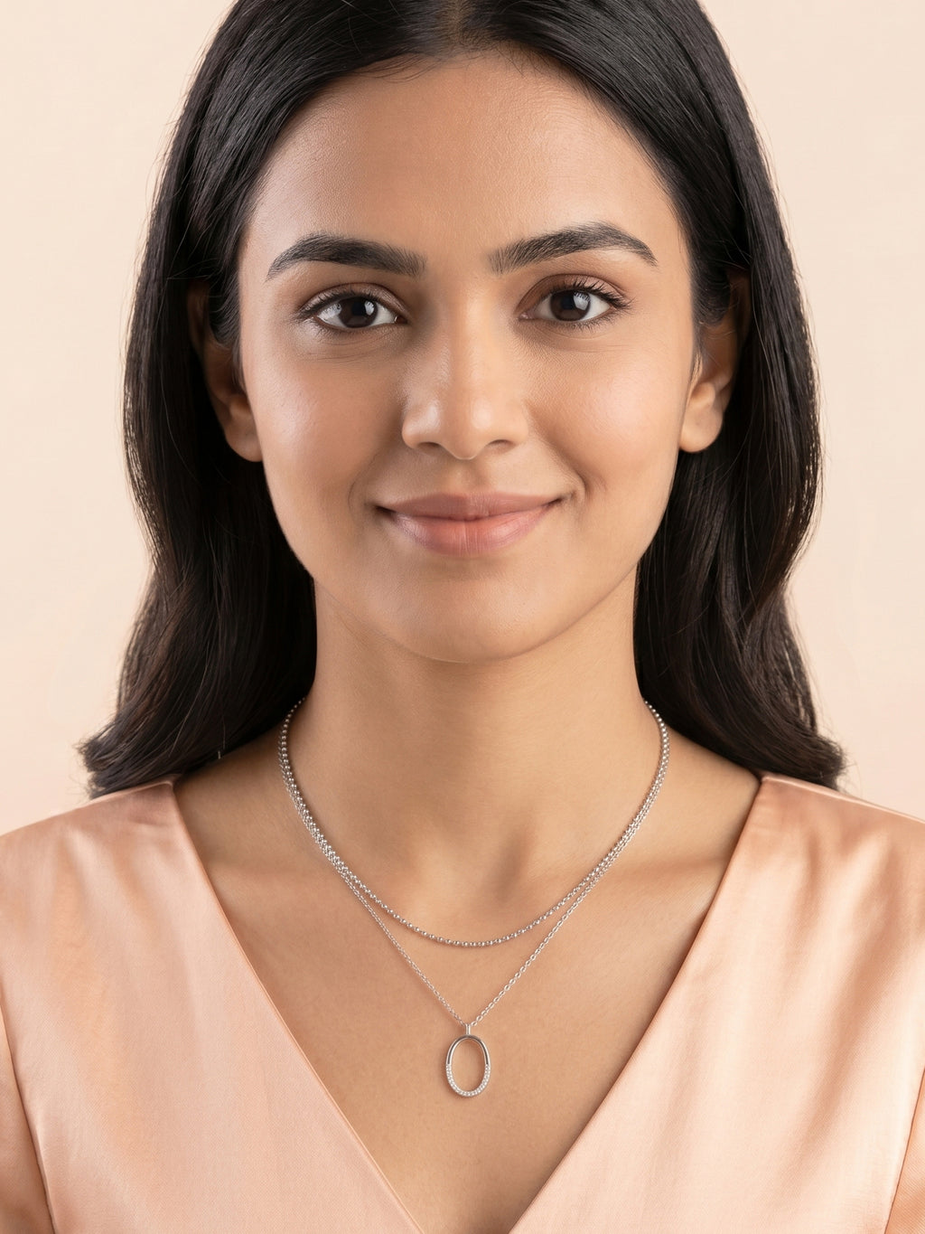 Silver Layered Shimmering Oval Pendant Necklace