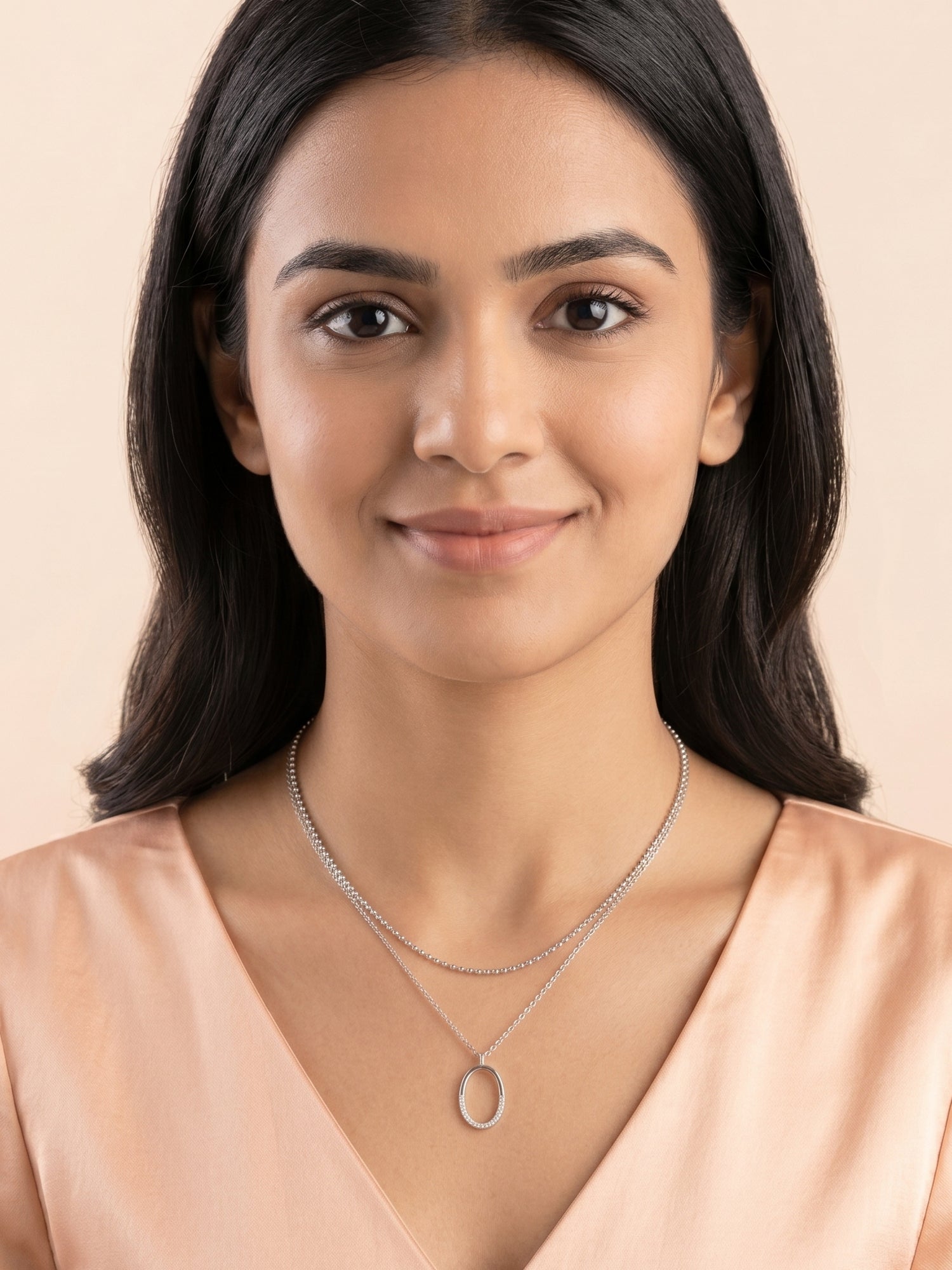 Silver Layered Shimmering Oval Pendant Necklace