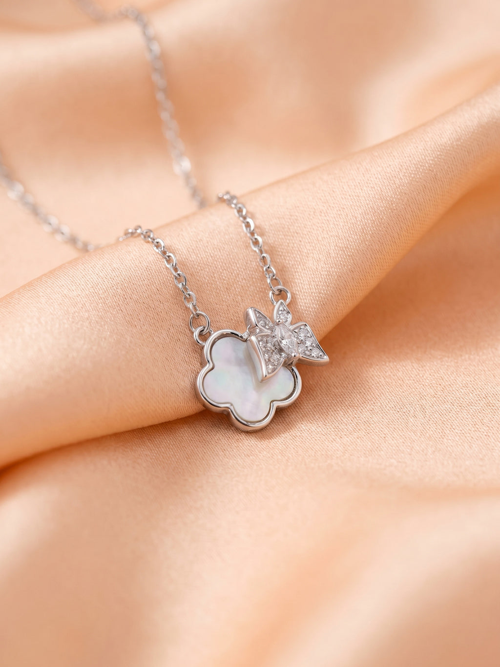 Mother of Pearl Clover & CZ Butterfly Pendant Necklace