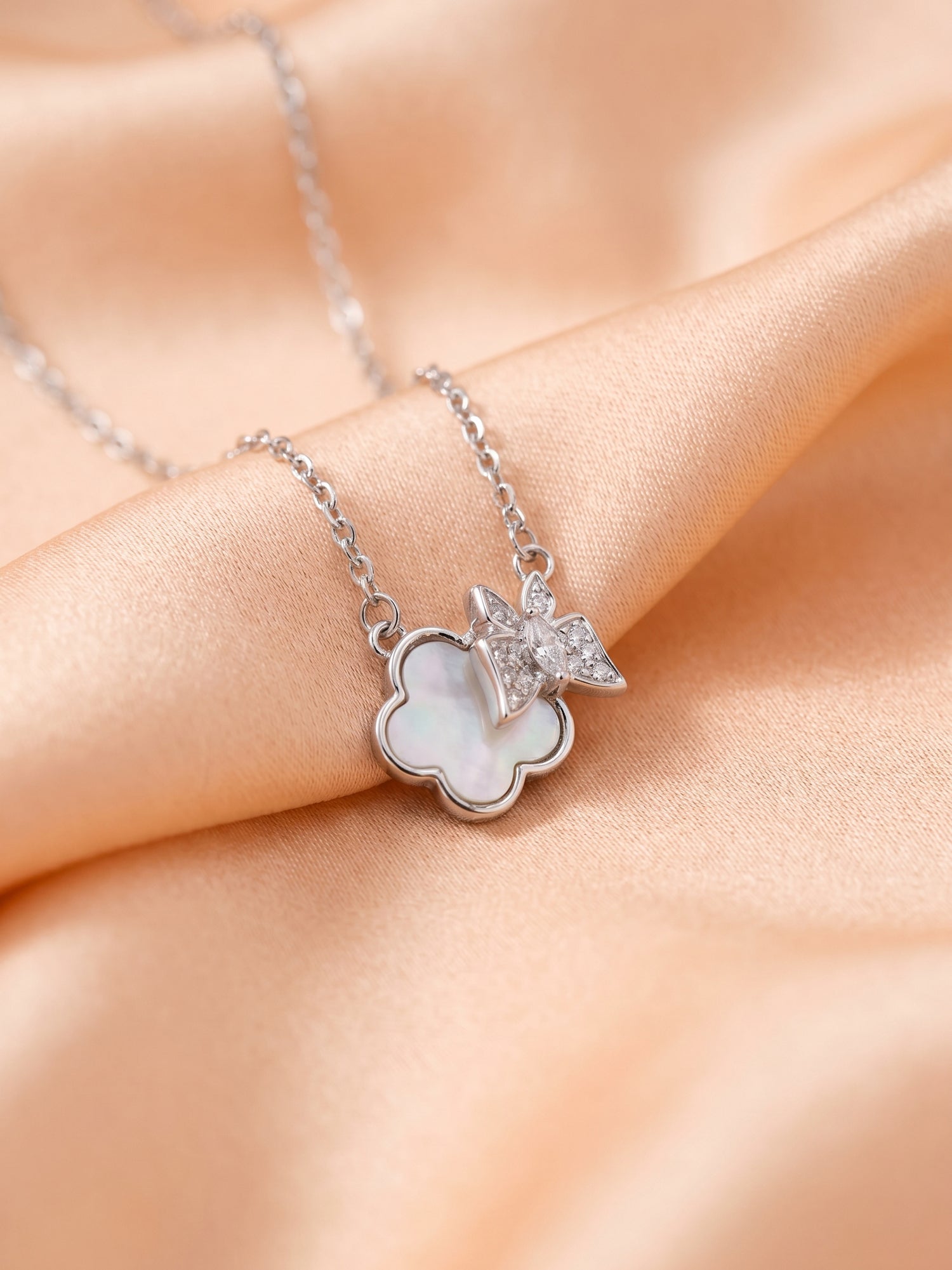 Mother of Pearl Clover & CZ Butterfly Pendant Necklace