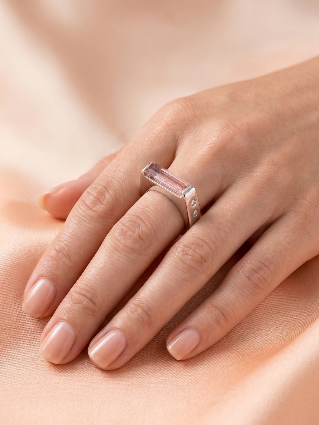 Pink Baguette Signet Ring with Side Stone Detail