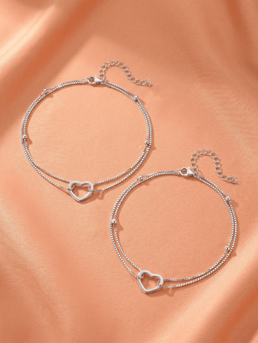 Double Layer Heart Charm Anklet Set of 2