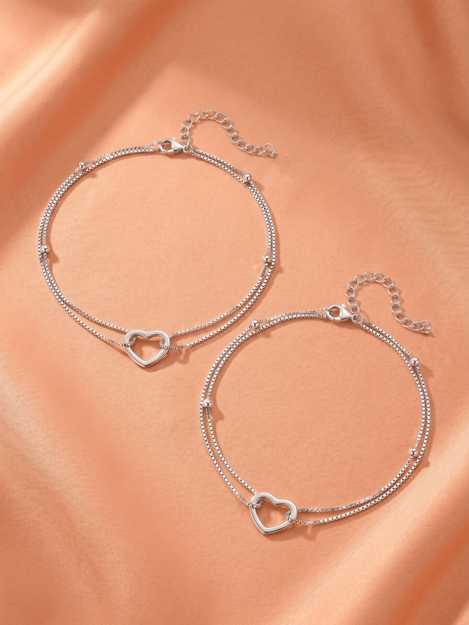 Double Layer Heart Charm Anklet Set of 2