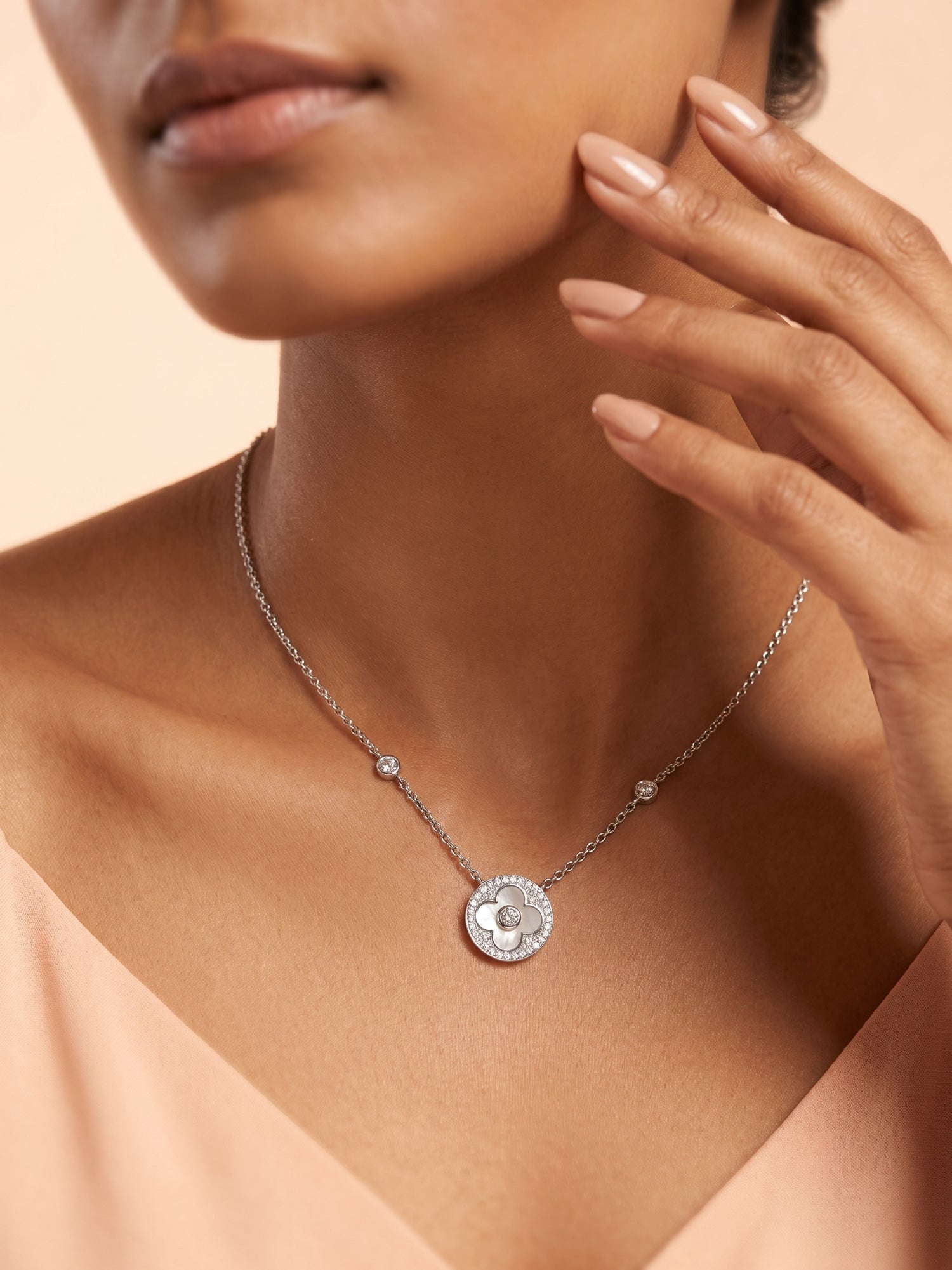 Mother of Pearl Clover & CZ Halo Disc Necklace