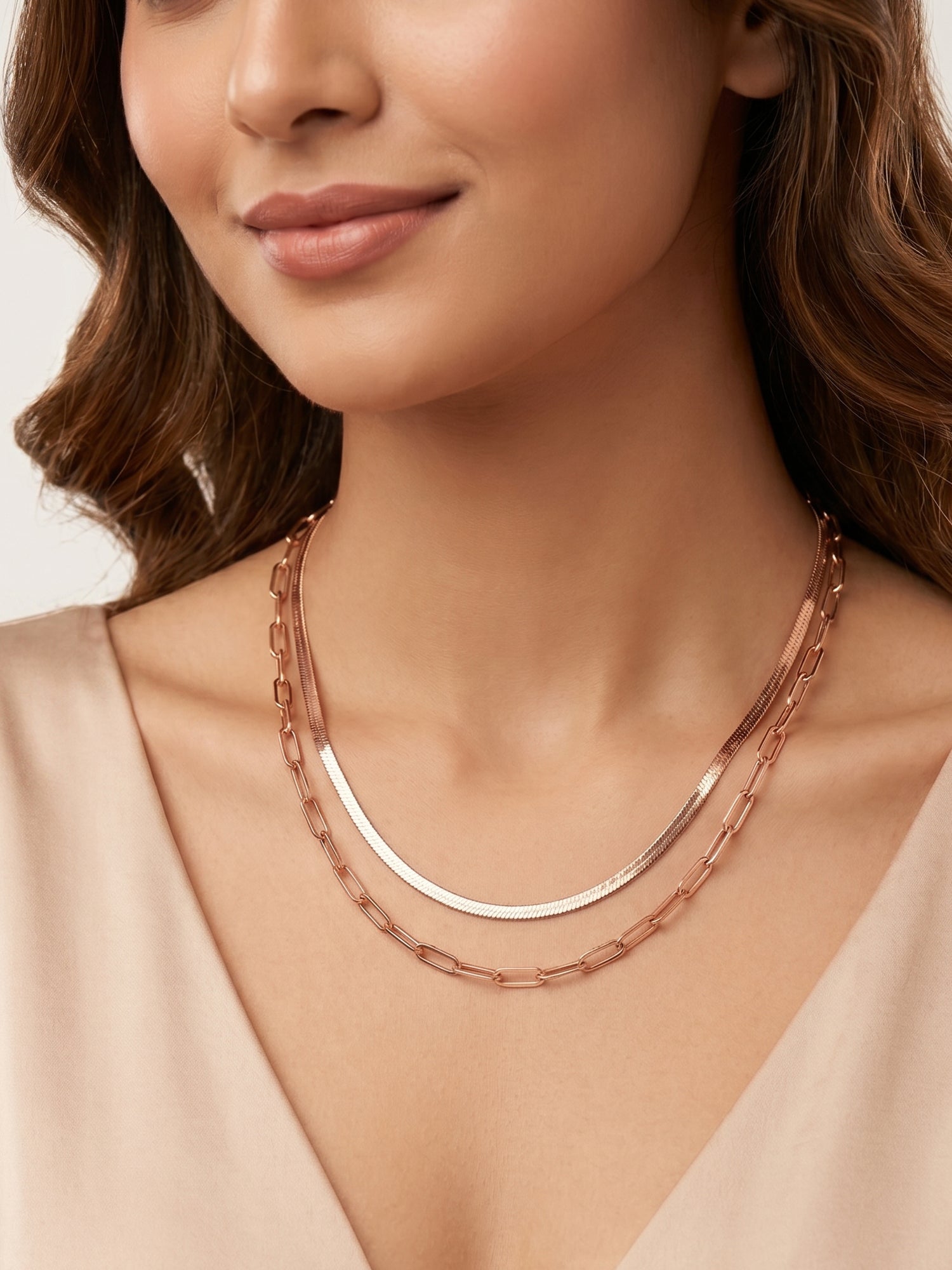 Herringbone & Paperclip Double Layer Chain Necklace in Rose Gold