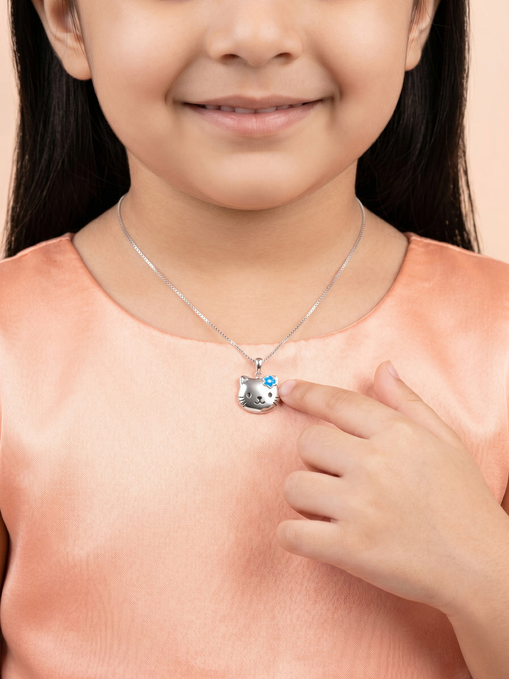 Blue Flower Kitty Face Pendant Necklace for Kids