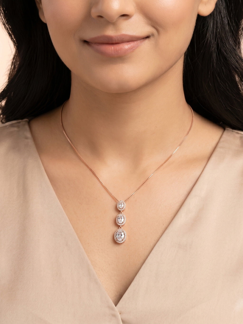 Triple Oval CZ Halo Drop Necklace in Rose Gold