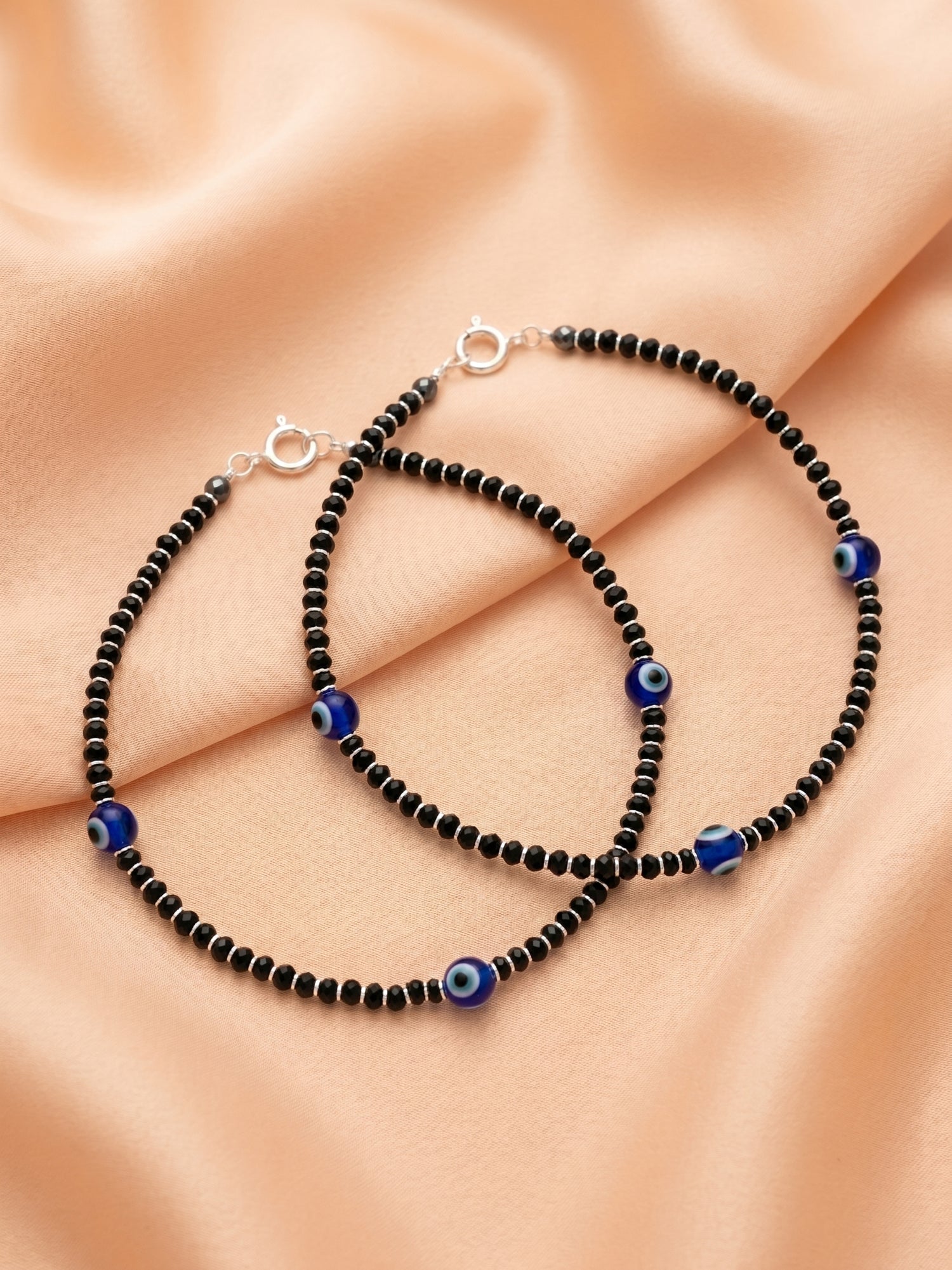Triple Evil Eye Black Crystal Bead Anklet Set of Two
