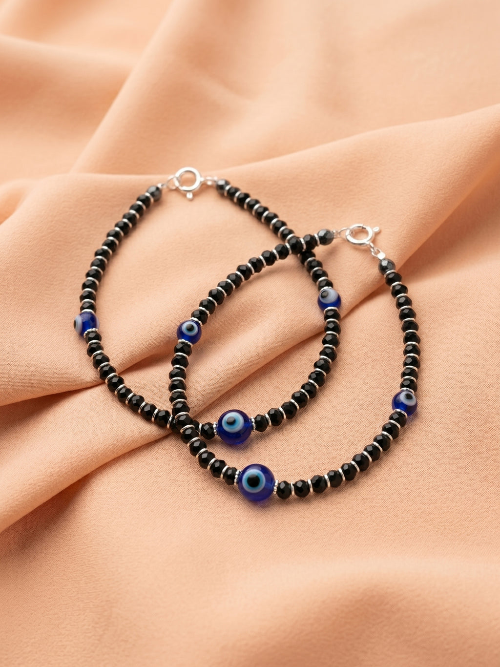 Baby Evil Eye Black Crystal Bead Anklet Set of Two