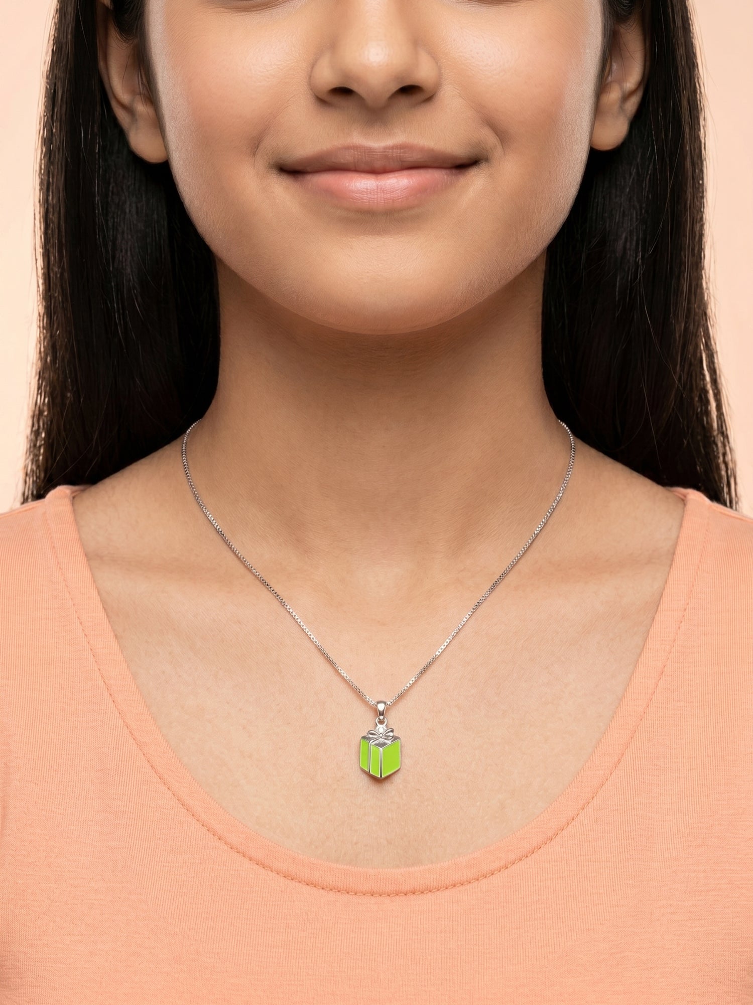 Kids Lime Green Enamel Gift Box Pendant Necklace