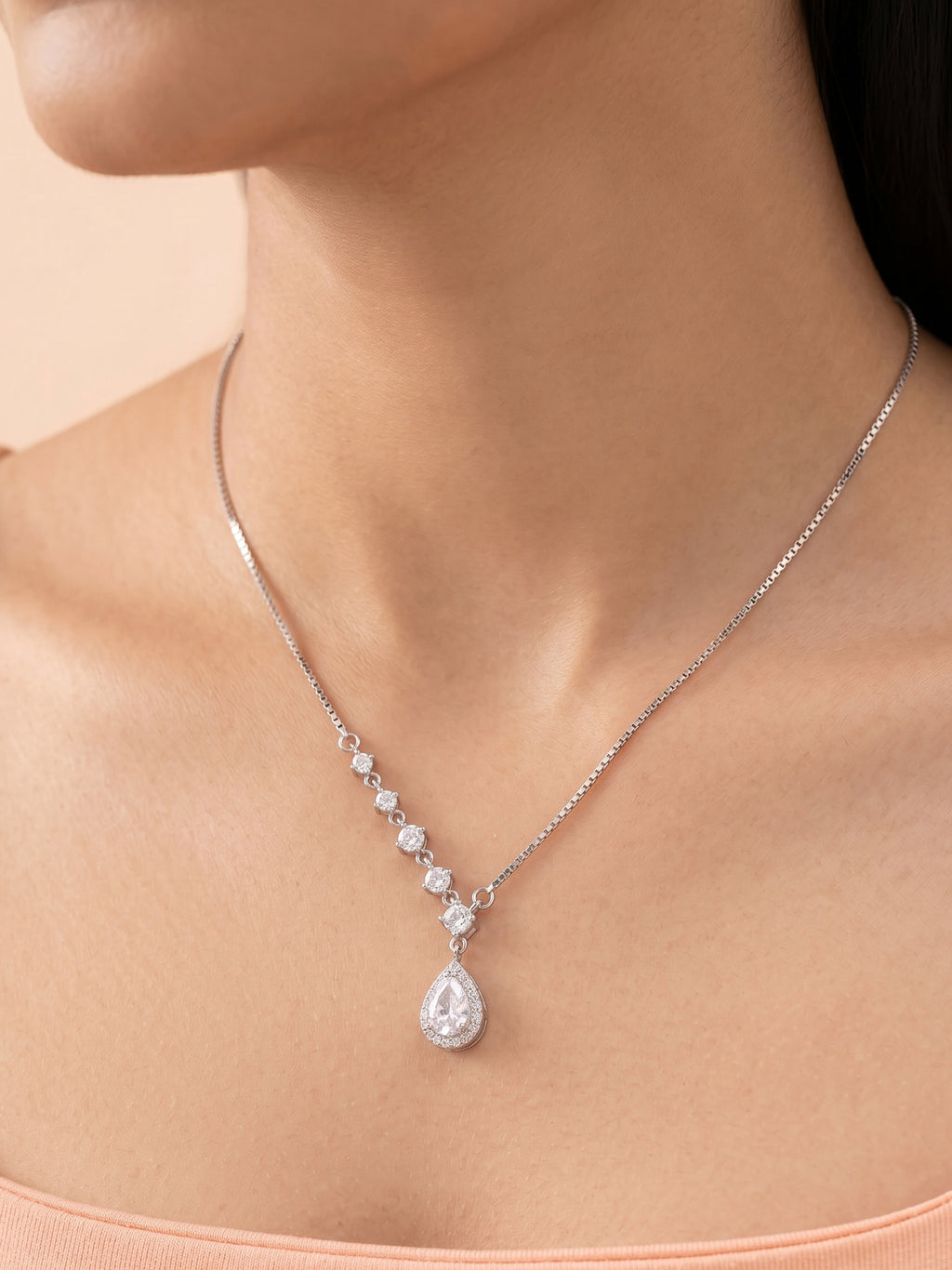 Pear-Cut CZ Halo Drop Necklace