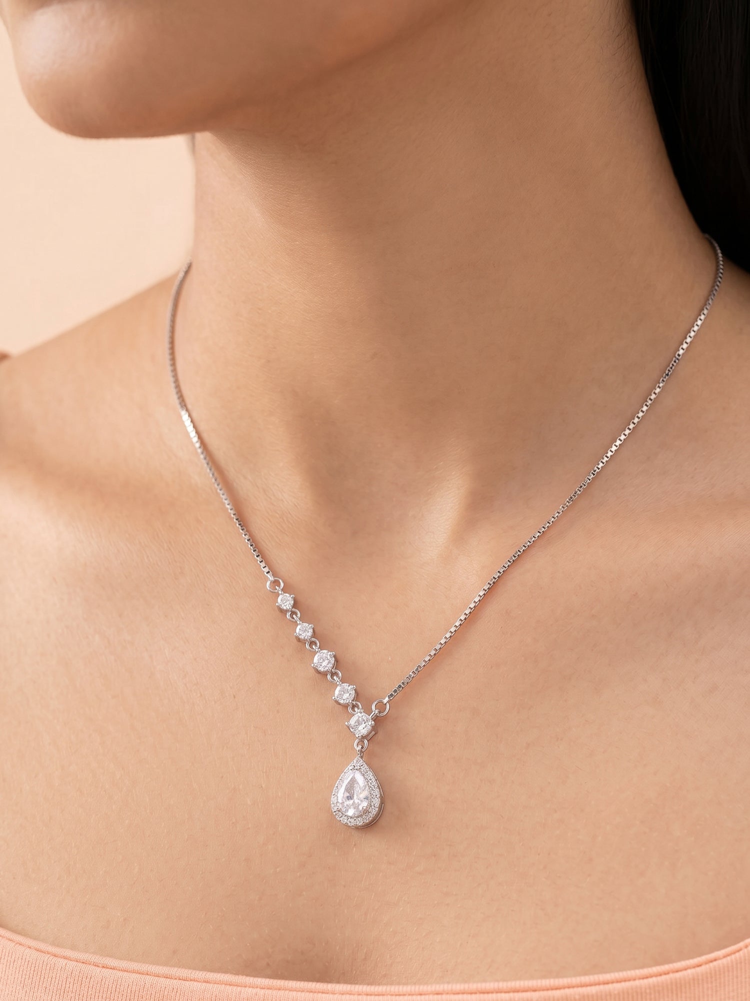 Pear-Cut CZ Halo Drop Necklace