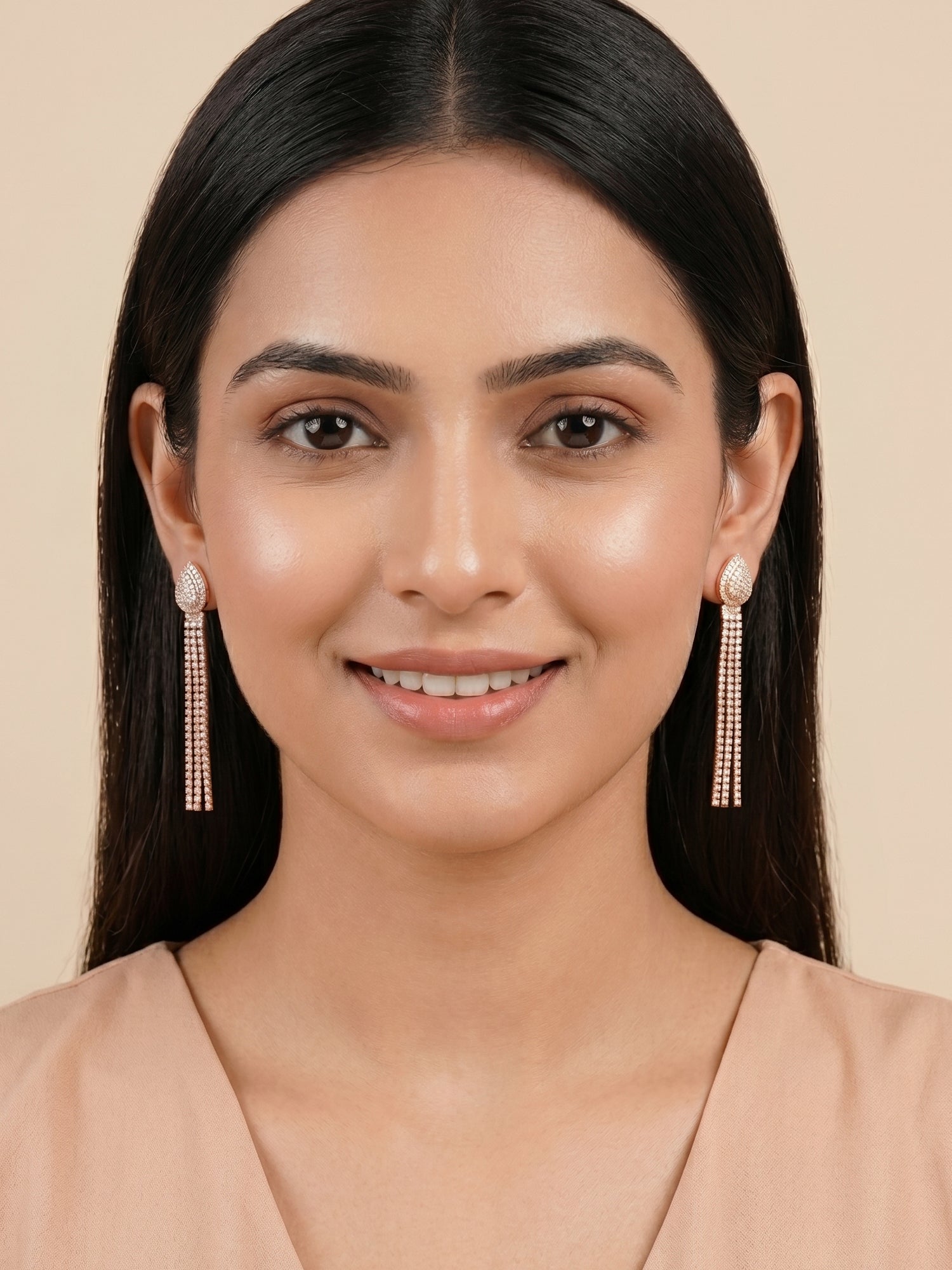 Pavé Cubic Zirconia Rose Gold Teardrop Fringe Drop Earrings