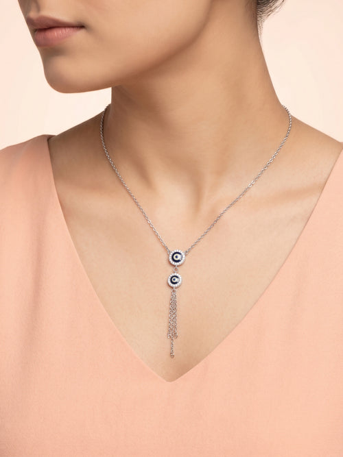 Double Evil Eye CZ Tassel Lariat Necklace