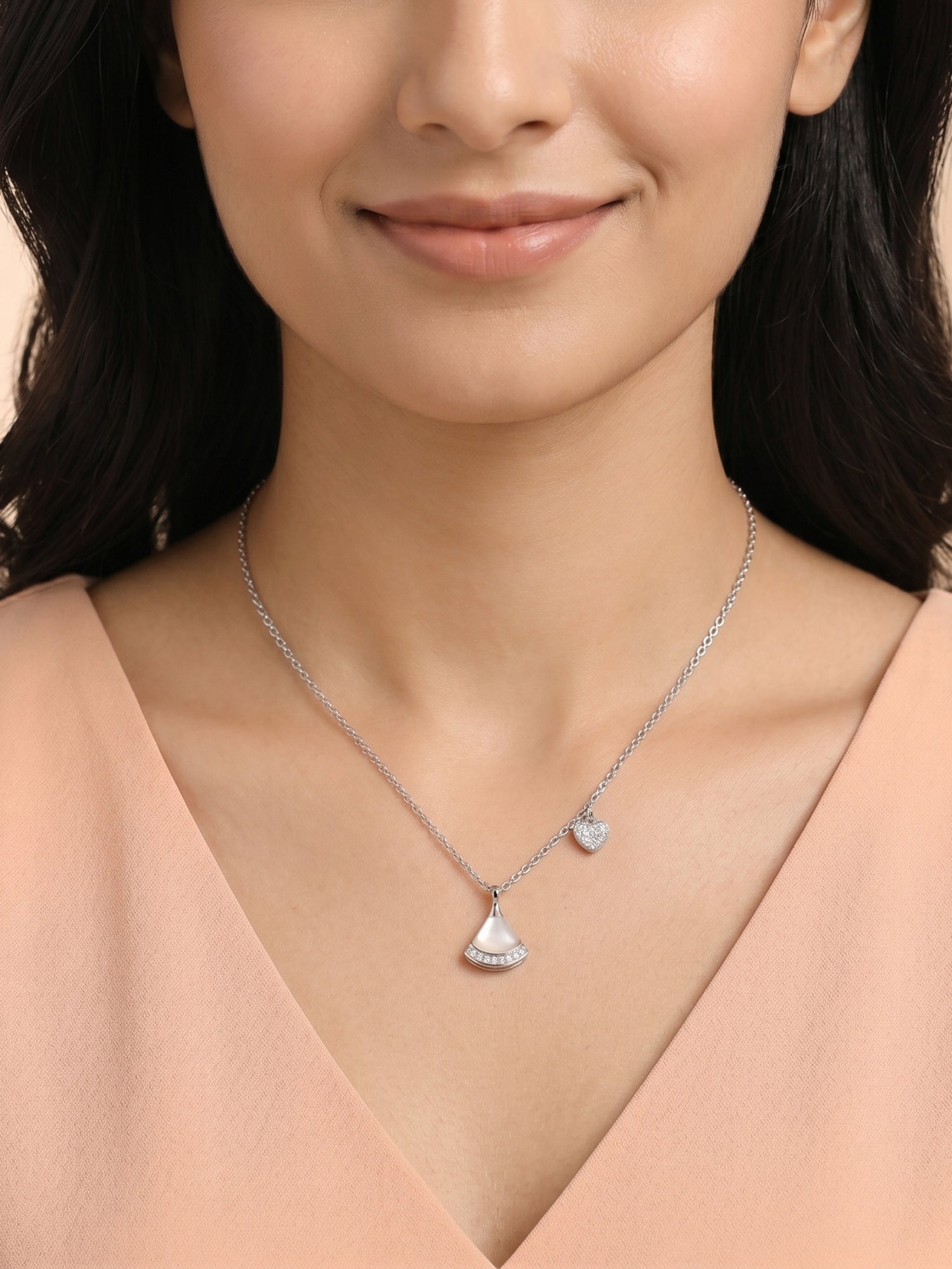 Mother of Pearl Fan & Pavé Heart Charm Necklace