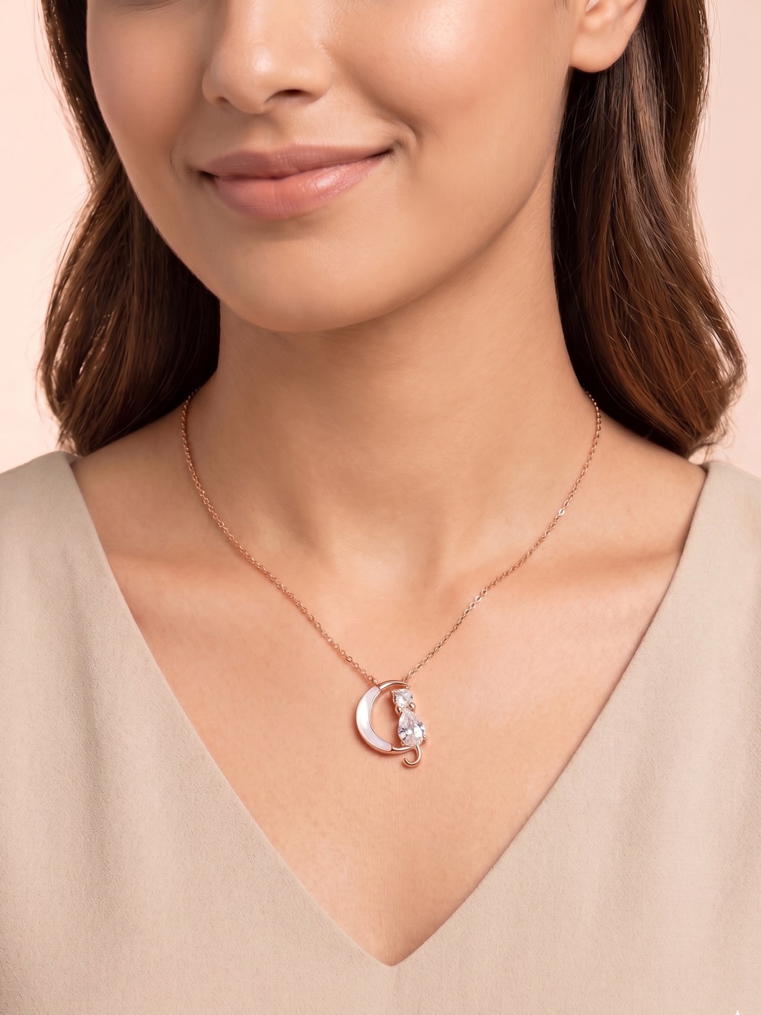 Roseate Celestial Cat & Crescent Moon Pendant Necklace
