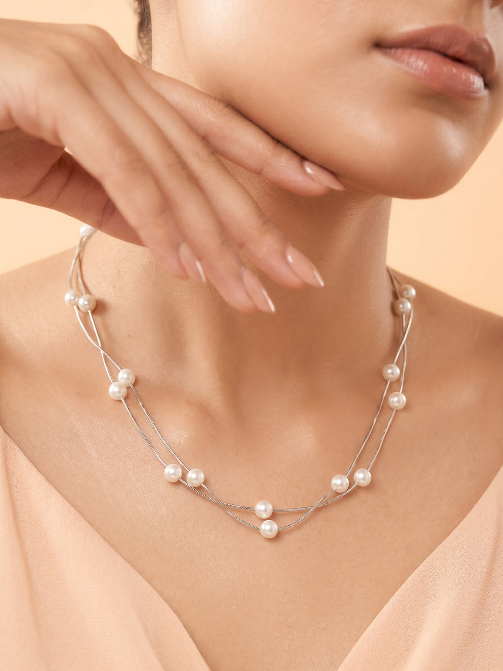 Layered Pearl Tin Cup Station Necklace