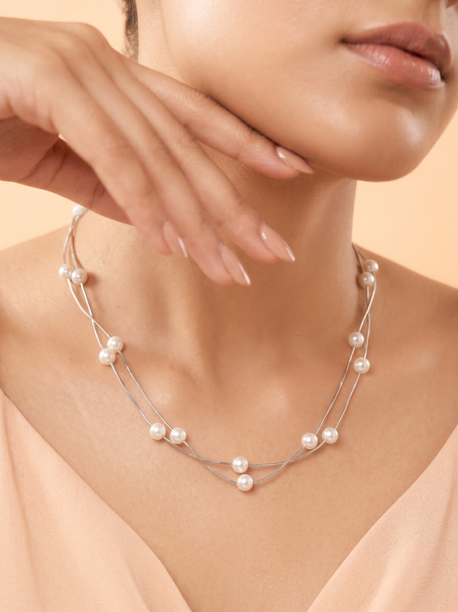 Layered Pearl Tin Cup Station Necklace