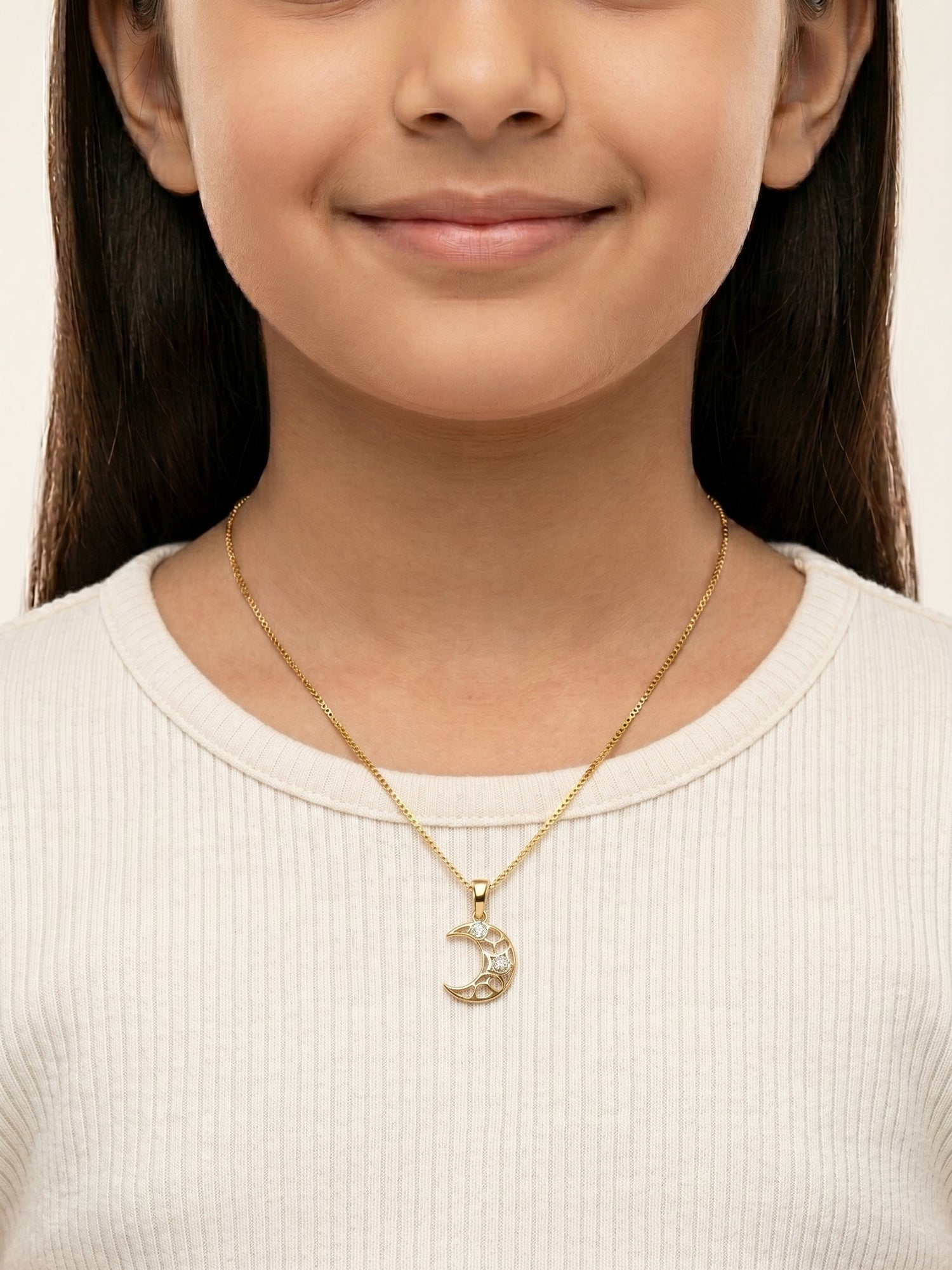 Crescent Moon Star CZ Gold Pendant