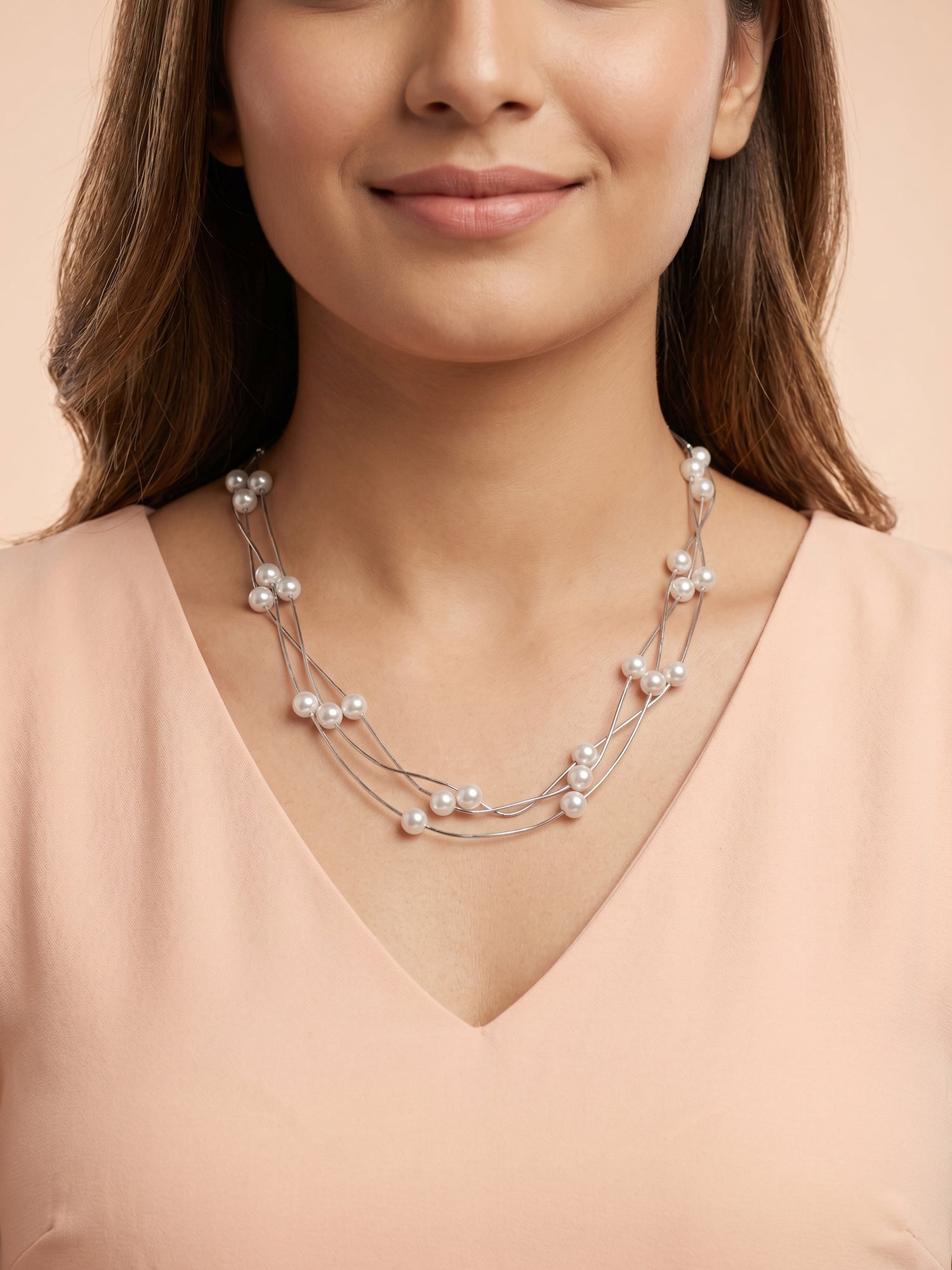 Triple Strand Floating Pearl Station Necklace