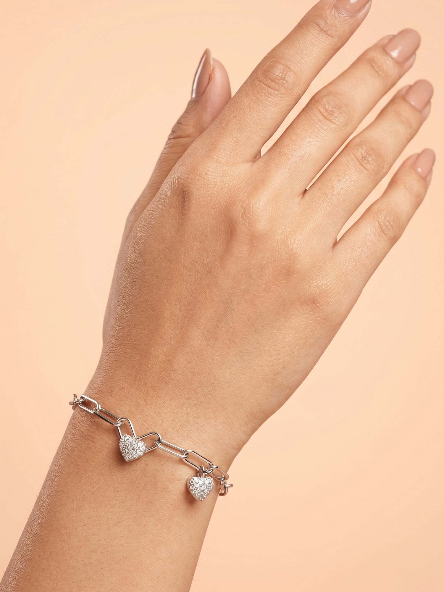Pavé Double Heart Charm Paper Clip Chain Bracelet