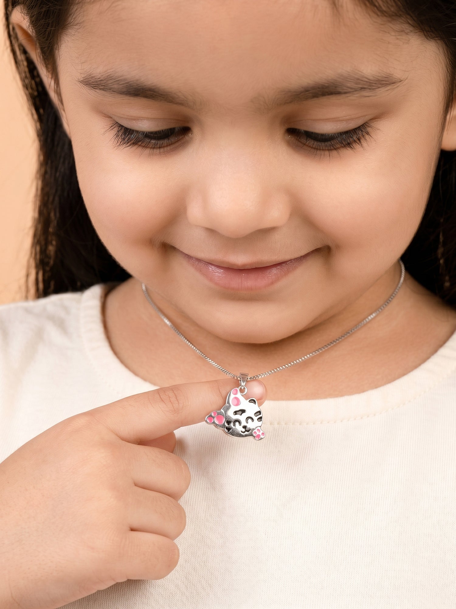 Happy Cat Face Pink Paw Pendant Necklace for Kids