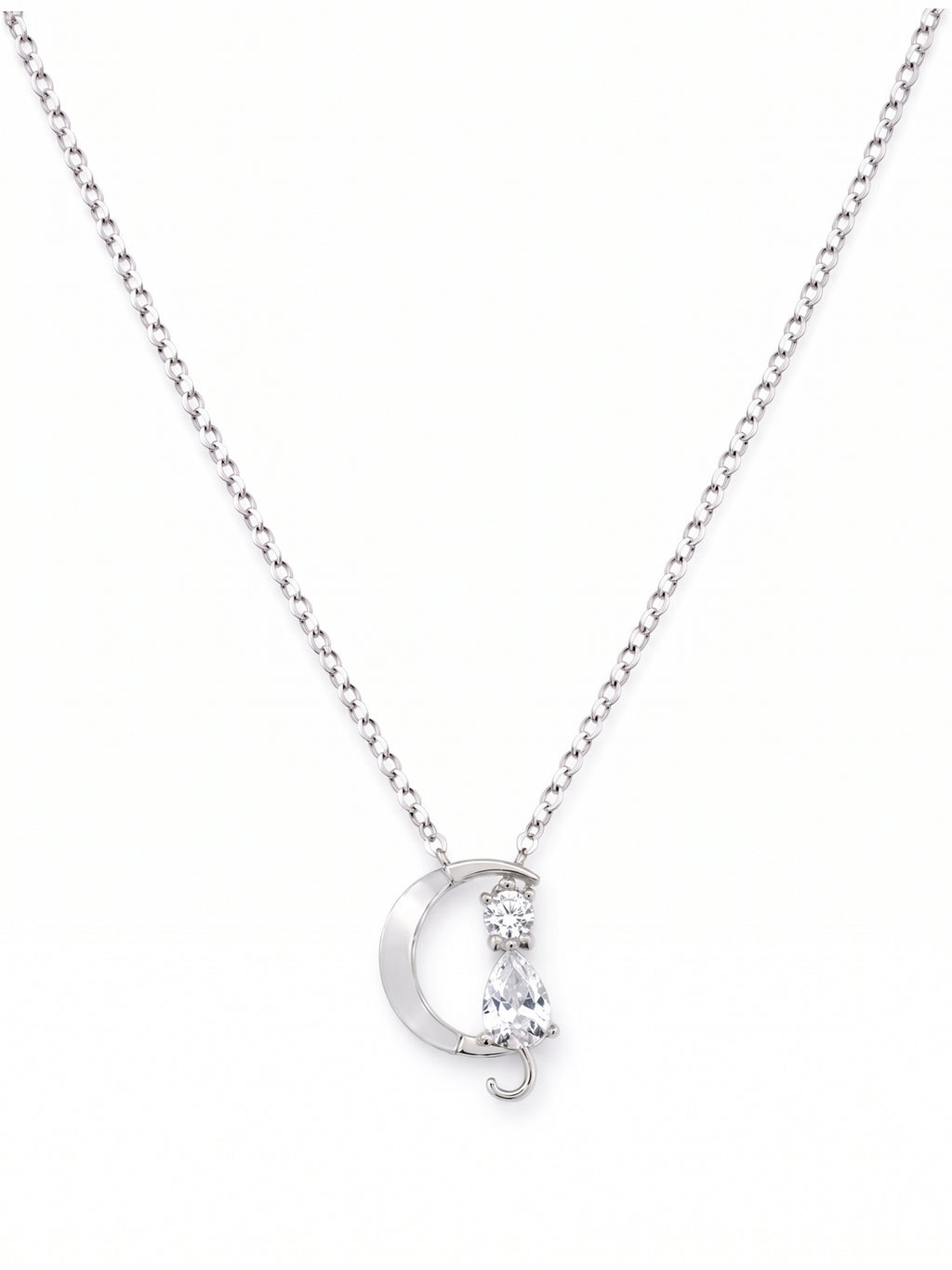 Silver Celestial Cat & Crescent Moon Pendant Necklace