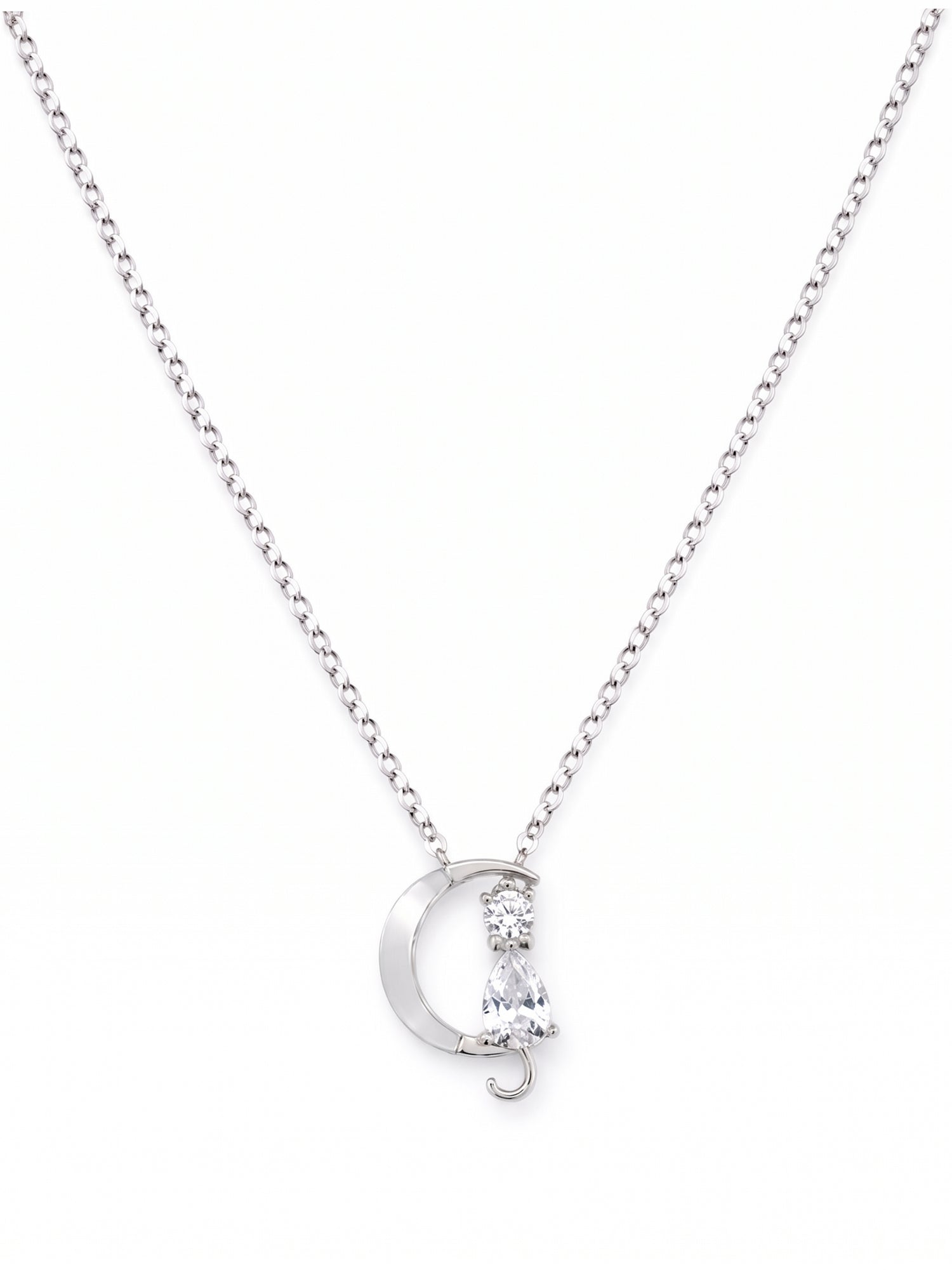 Silver Celestial Cat & Crescent Moon Pendant Necklace