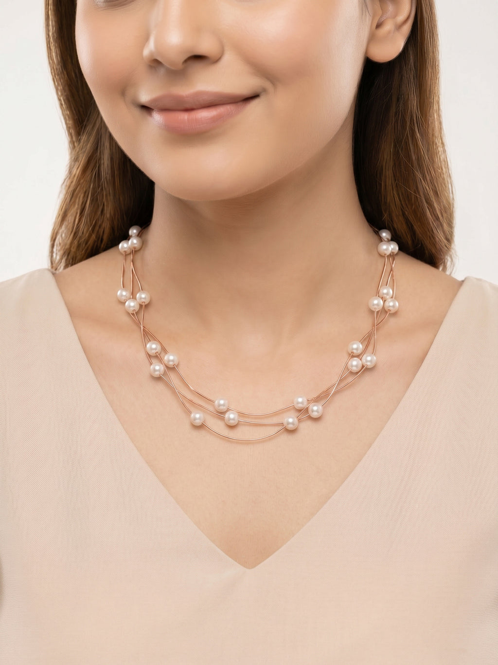 Triple Strand Floating Pearl Station Necklace in Rose Gold