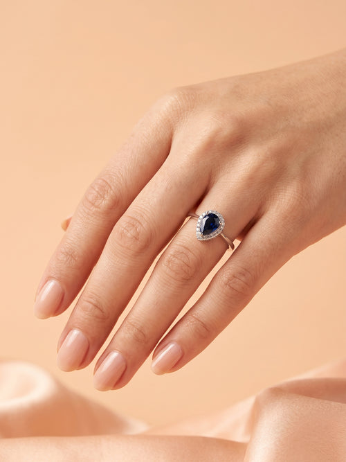 Blue Pear Cut Halo Ring