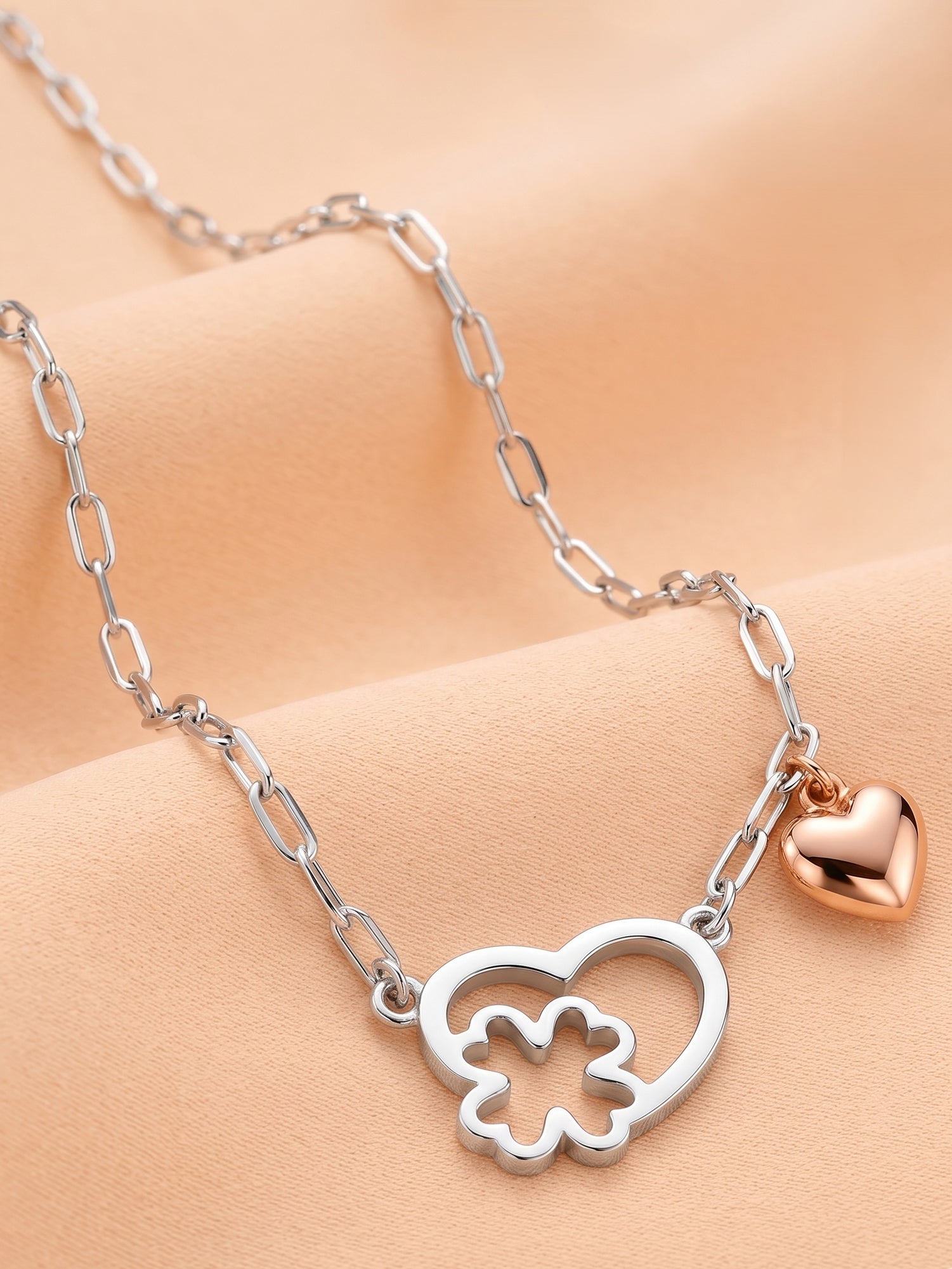Silver & Rose Gold Heart Clover Paperclip Necklace