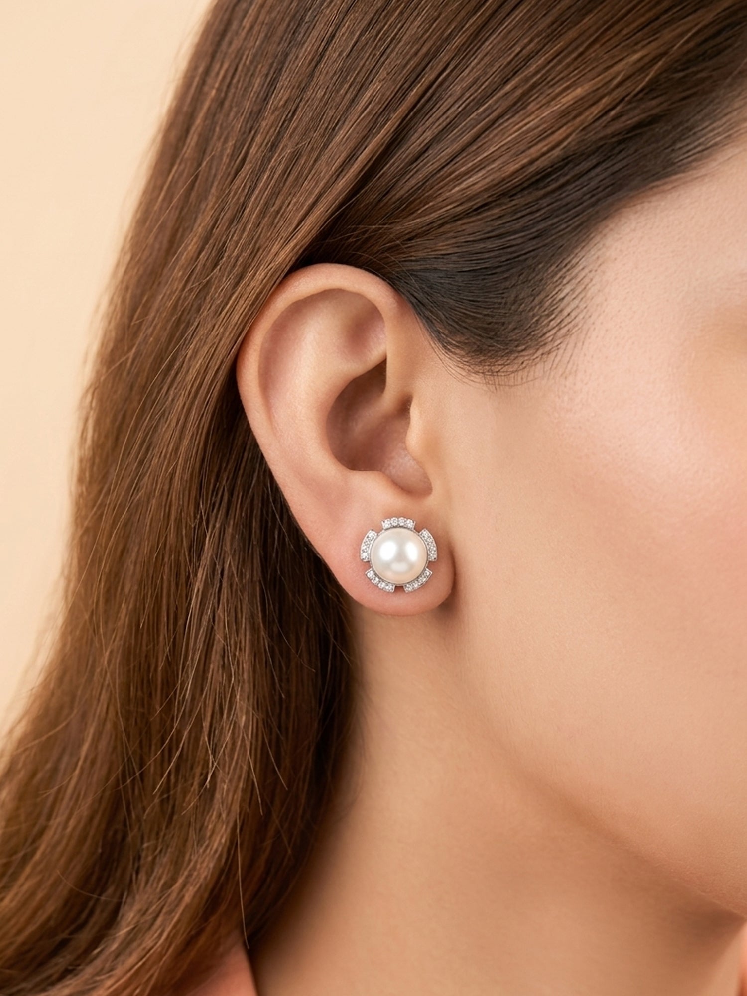 Pearl & Segmented Pavé CZ Halo Stud Earrings